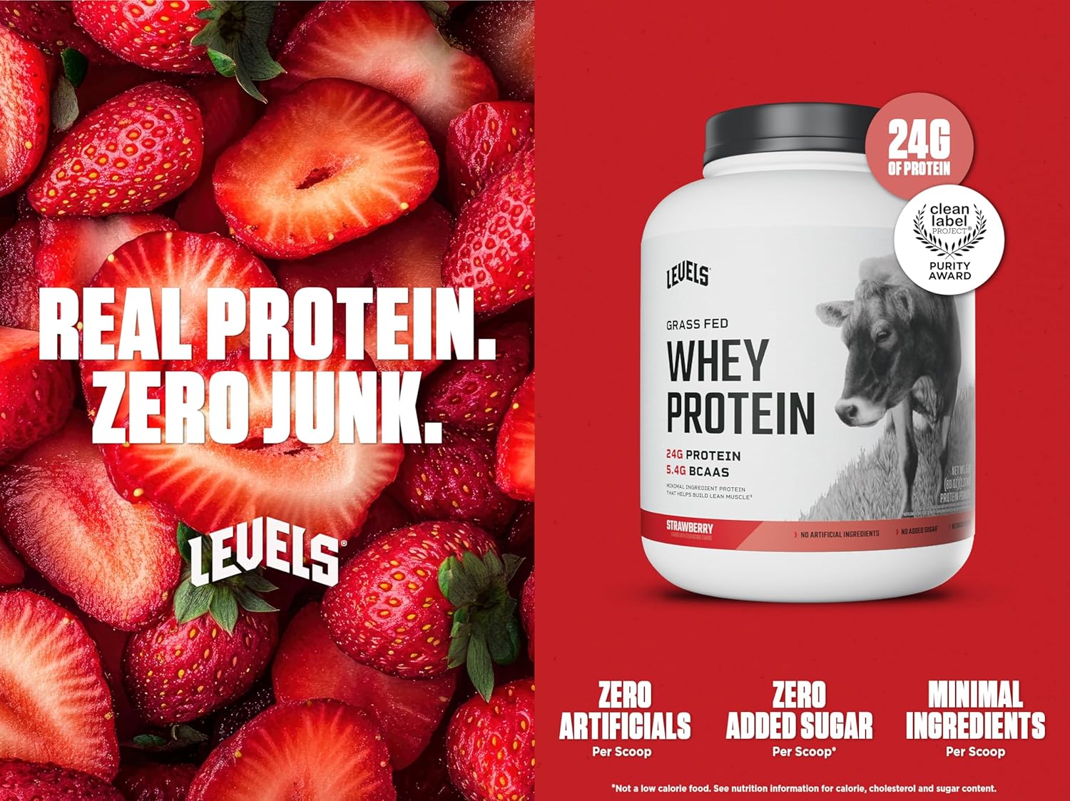 Levels Grass Fed Whey Protein Powder - Strawberry Flavor, 24G Protein, No Artificial Ingredients - 5LB Pack