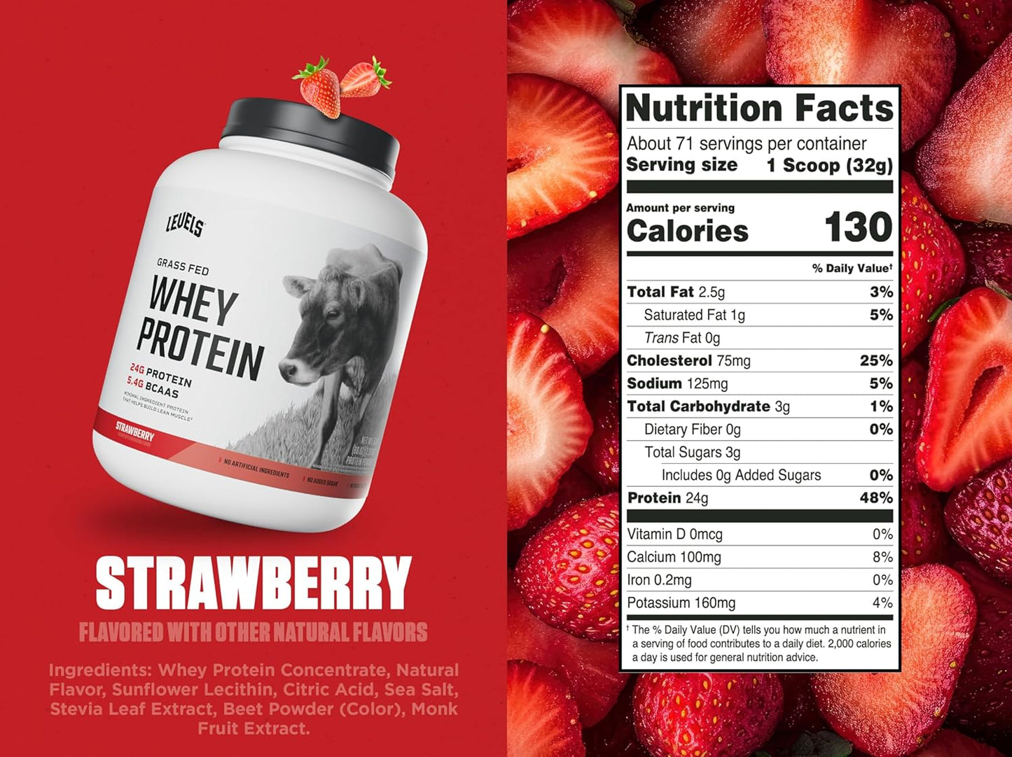 Levels Grass Fed Whey Protein Powder - Strawberry Flavor, 24G Protein, No Artificial Ingredients - 5LB Pack