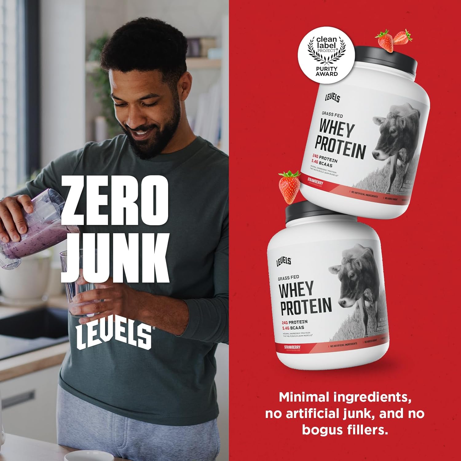 Levels Grass Fed Whey Protein Powder - Strawberry Flavor, 24G Protein, No Artificial Ingredients - 5LB Pack