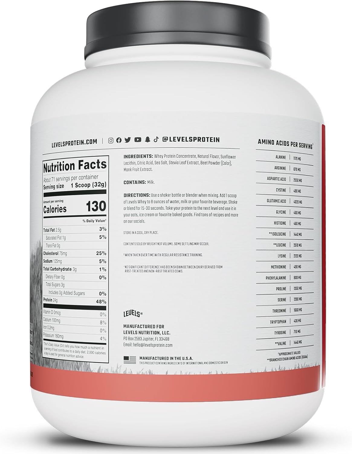 Levels Grass Fed Whey Protein Powder - Strawberry Flavor, 24G Protein, No Artificial Ingredients - 5LB Pack