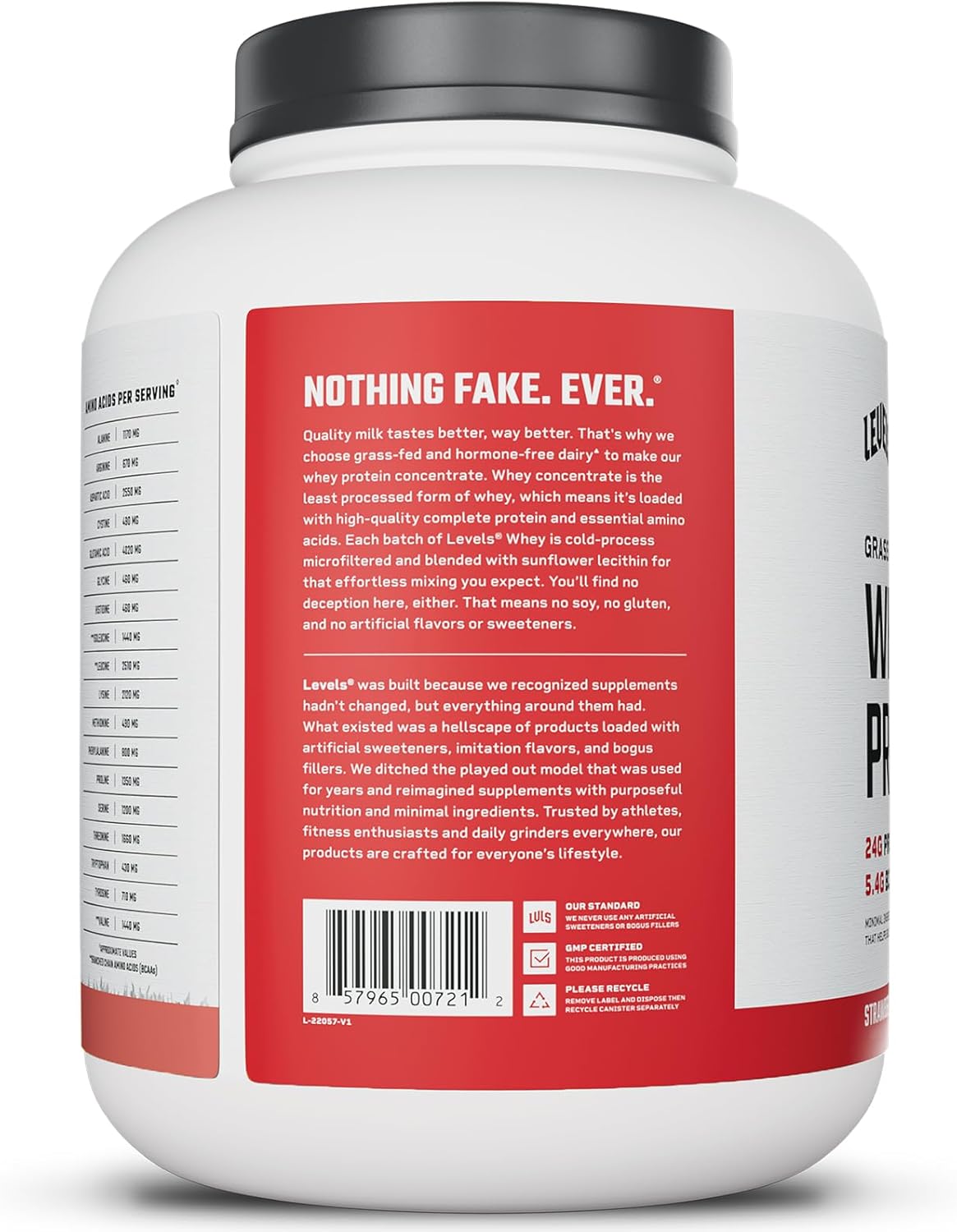 Levels Grass Fed Whey Protein Powder - Strawberry Flavor, 24G Protein, No Artificial Ingredients - 5LB Pack