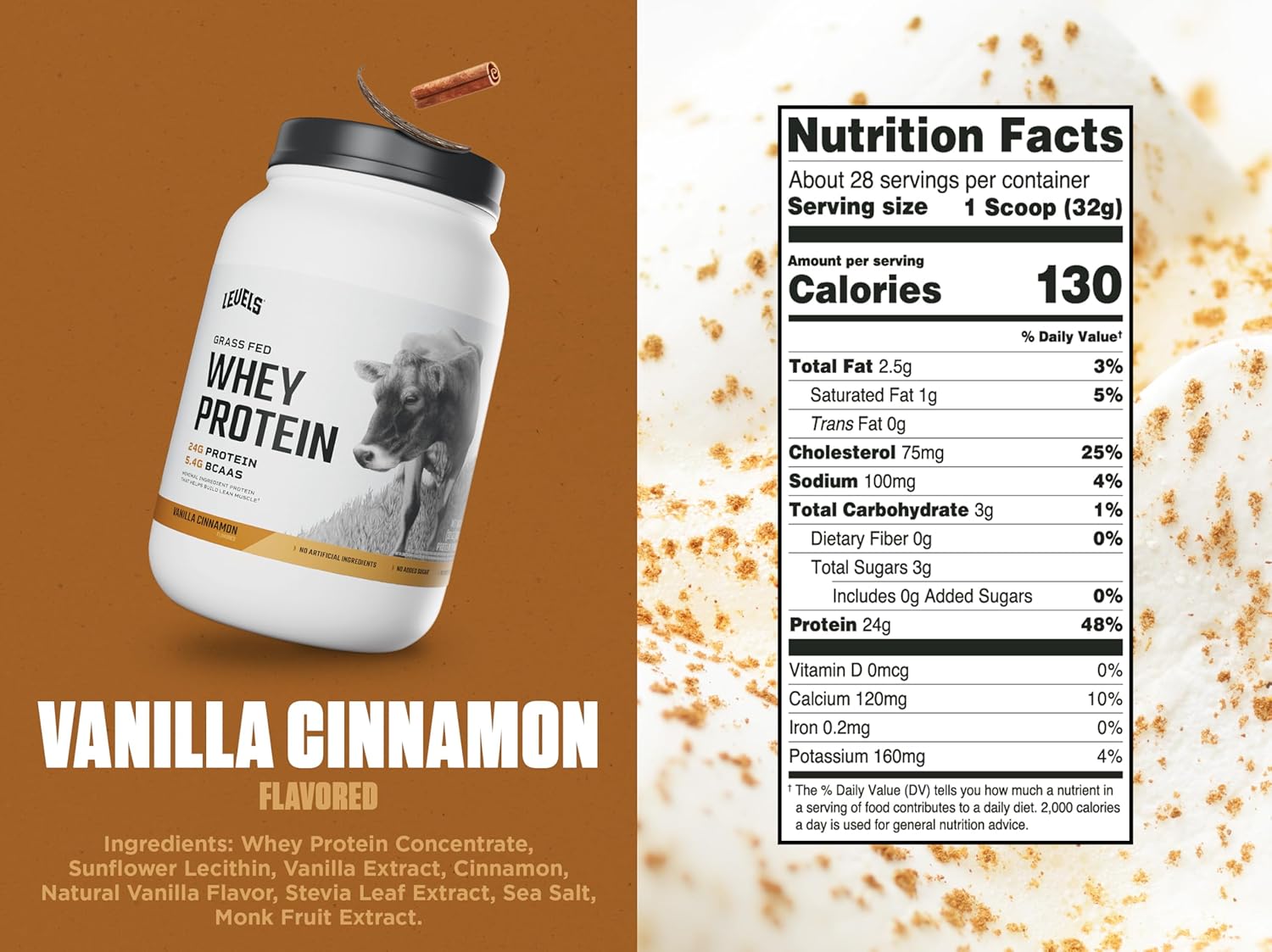 Levels Grass Fed Whey Protein Powder - Vanilla Cinnamon Flavor, 24G Protein, 2LB - No Artificial Ingredients