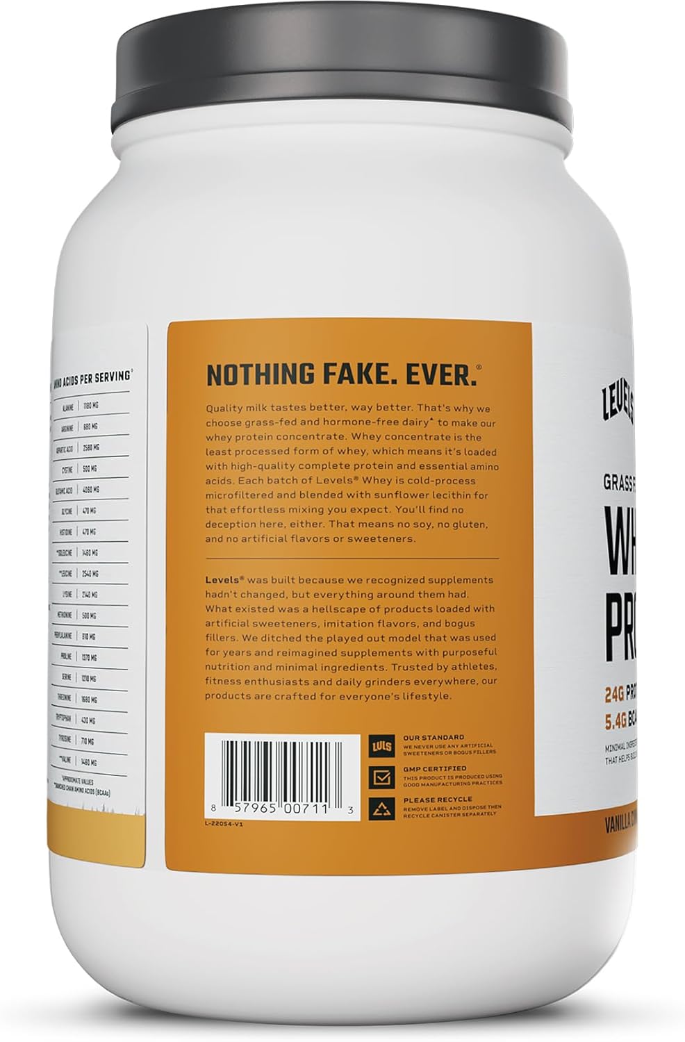 Levels Grass Fed Whey Protein Powder - Vanilla Cinnamon Flavor, 24G Protein, 2LB - No Artificial Ingredients