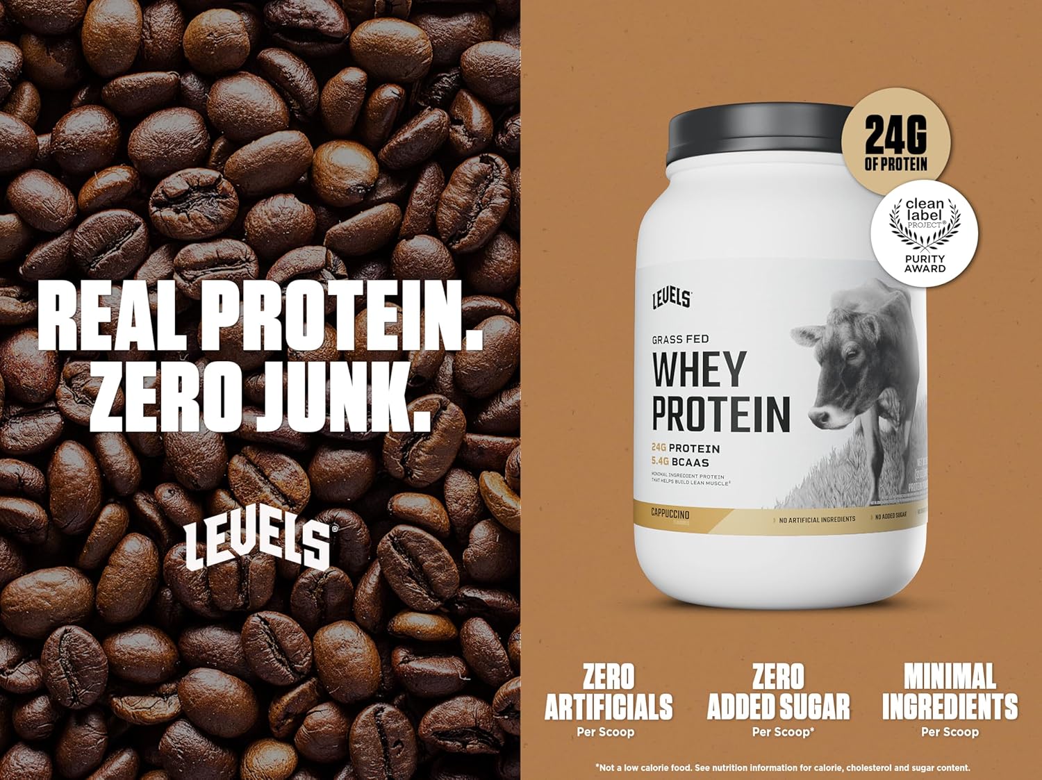 Levels Grass Fed Whey Protein Powder, Cappuccino Flavor, 2LB - 24G Protein, No Artificial Ingredients