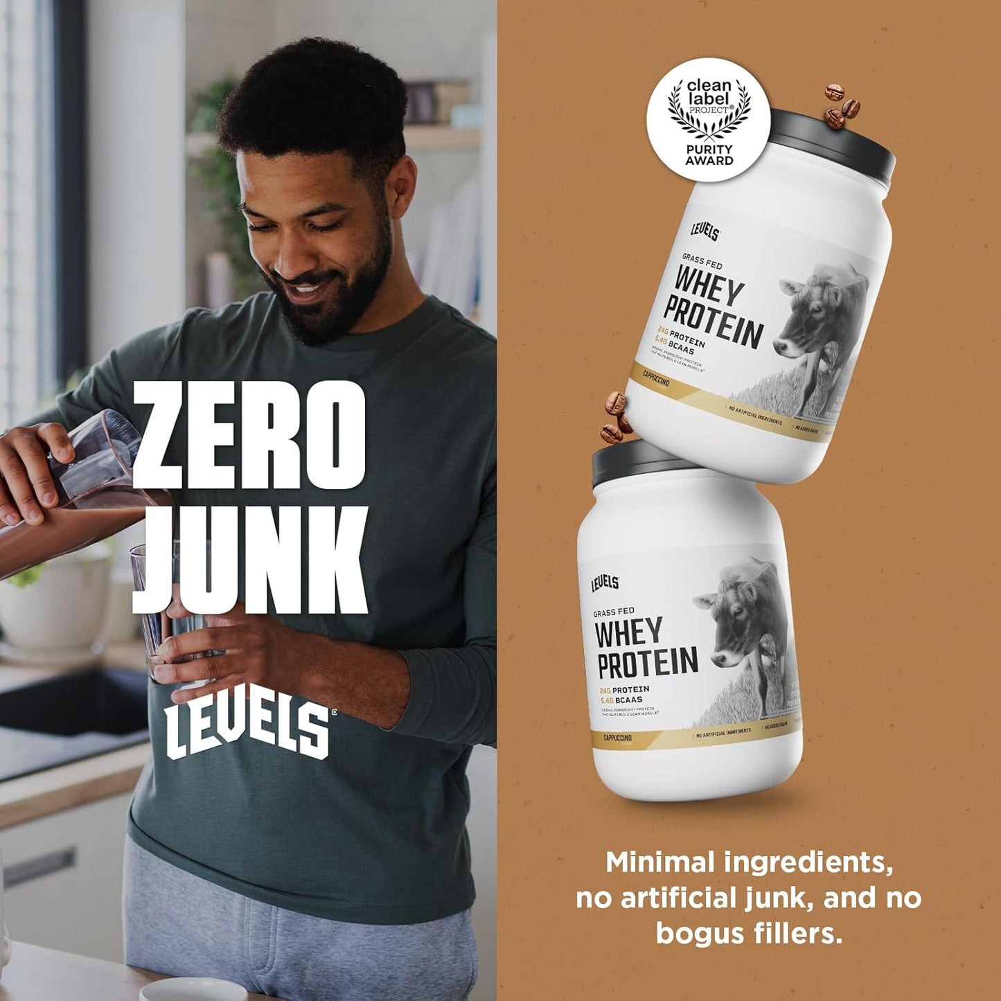 Levels Grass Fed Whey Protein Powder, Cappuccino Flavor, 2LB - 24G Protein, No Artificial Ingredients