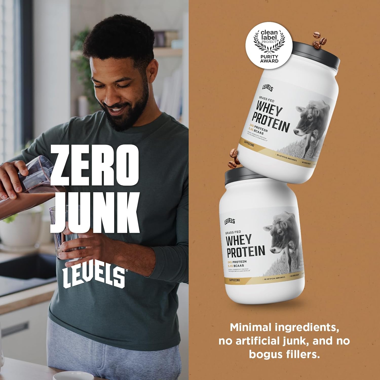 Levels Grass Fed Whey Protein Powder, Cappuccino Flavor, 2LB - 24G Protein, No Artificial Ingredients