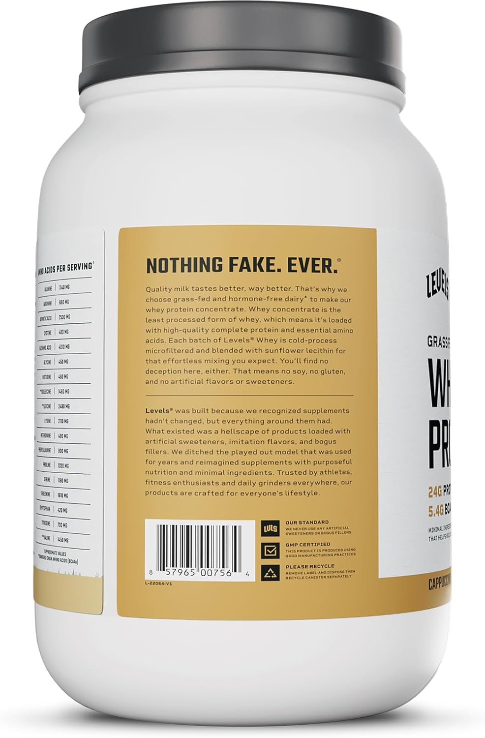 Levels Grass Fed Whey Protein Powder, Cappuccino Flavor, 2LB - 24G Protein, No Artificial Ingredients