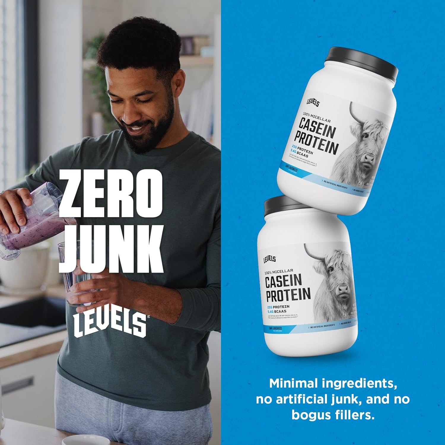 Levels Nutrition 100% Micellar Casein Protein Powder - Hormone Free & Unflavored - 2LB Size