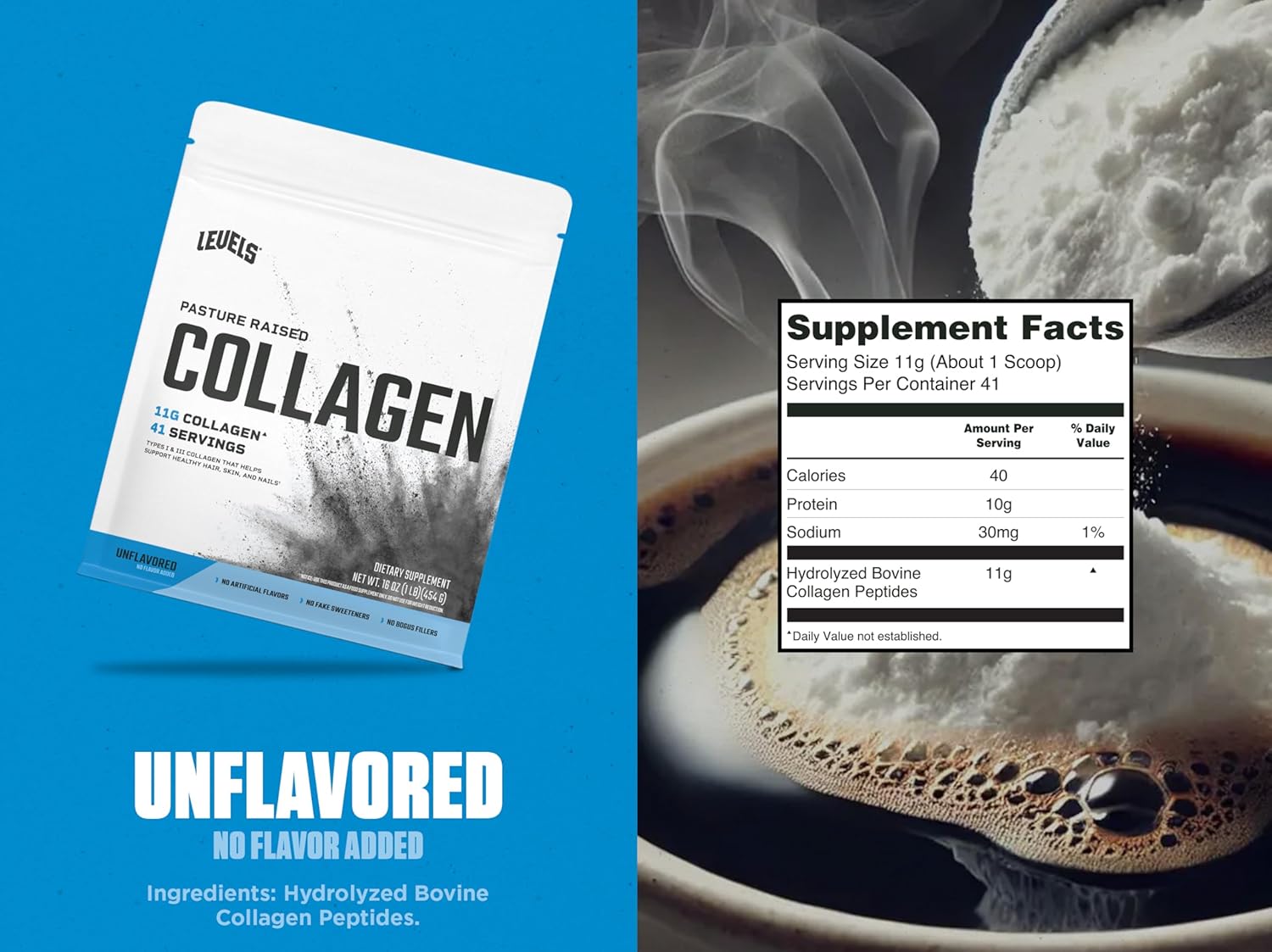 Levels Nutrition Collagen Peptides - 11g of Collagen, Unflavored, 1lb - No Artificial Ingredients