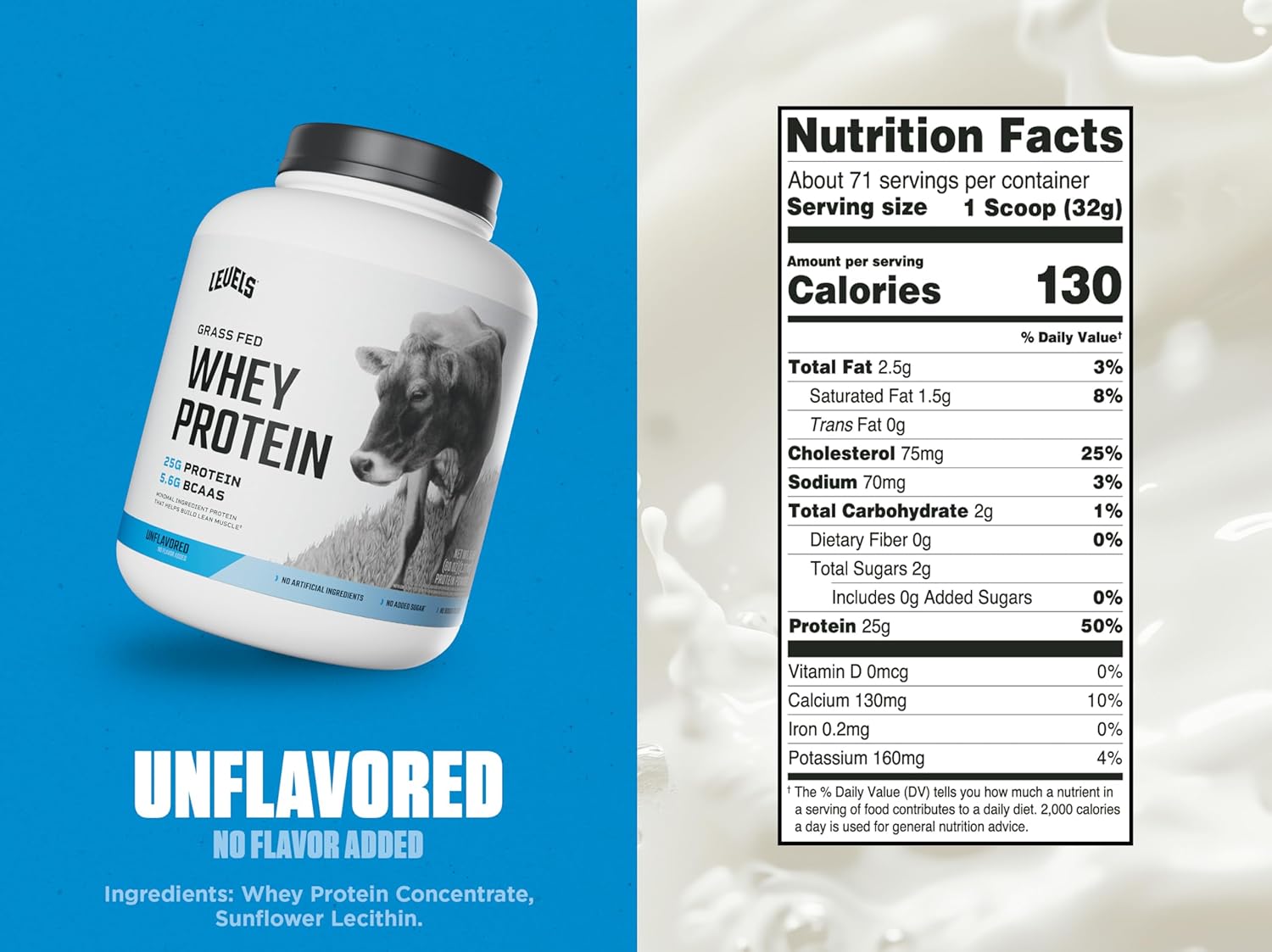 Levels Nutrition Grass Fed Whey Protein Powder - 5LB, 25G Protein, Unflavored, No Artificial Ingredients