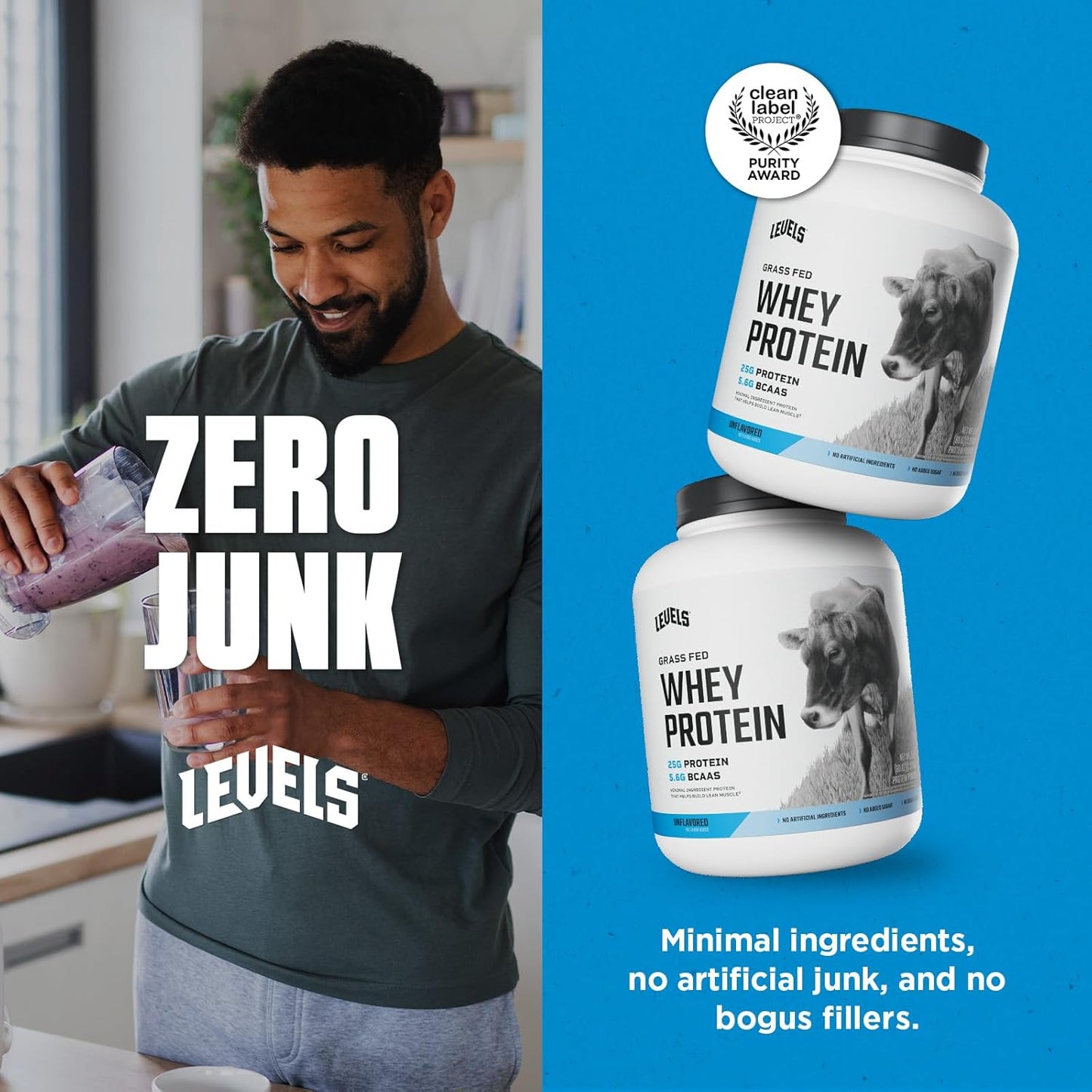 Levels Nutrition Grass Fed Whey Protein Powder - 5LB, 25G Protein, Unflavored, No Artificial Ingredients