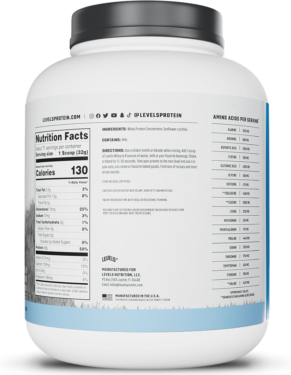 Levels Nutrition Grass Fed Whey Protein Powder - 5LB, 25G Protein, Unflavored, No Artificial Ingredients