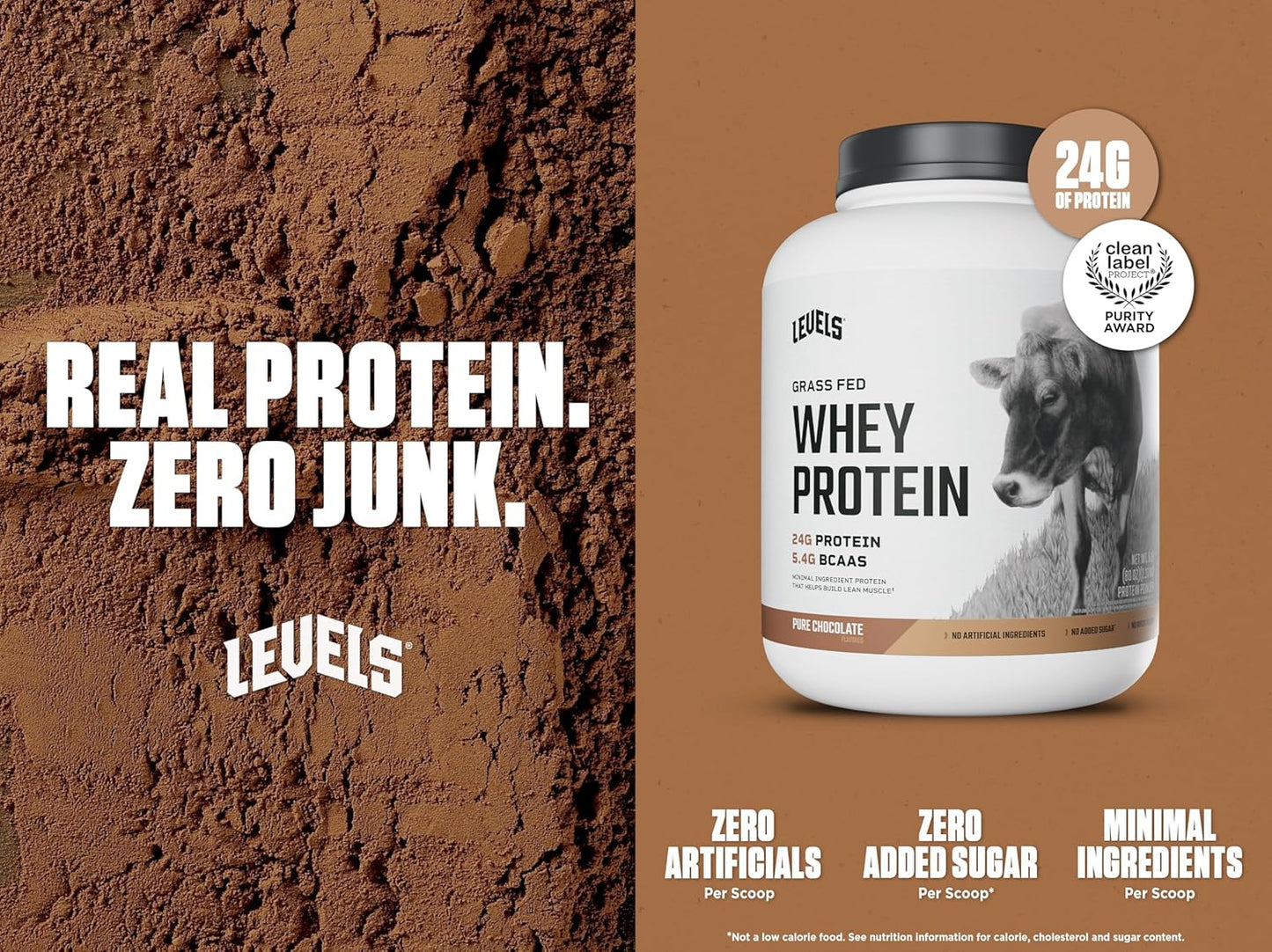 Levels Nutrition Grass Fed Whey Protein Powder - Pure Chocolate Flavor, 5LB - 24G Protein, No Artificial Ingredients