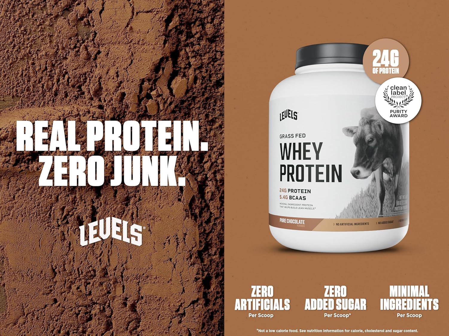 Levels Nutrition Grass Fed Whey Protein Powder - Pure Chocolate Flavor, 5LB - 24G Protein, No Artificial Ingredients