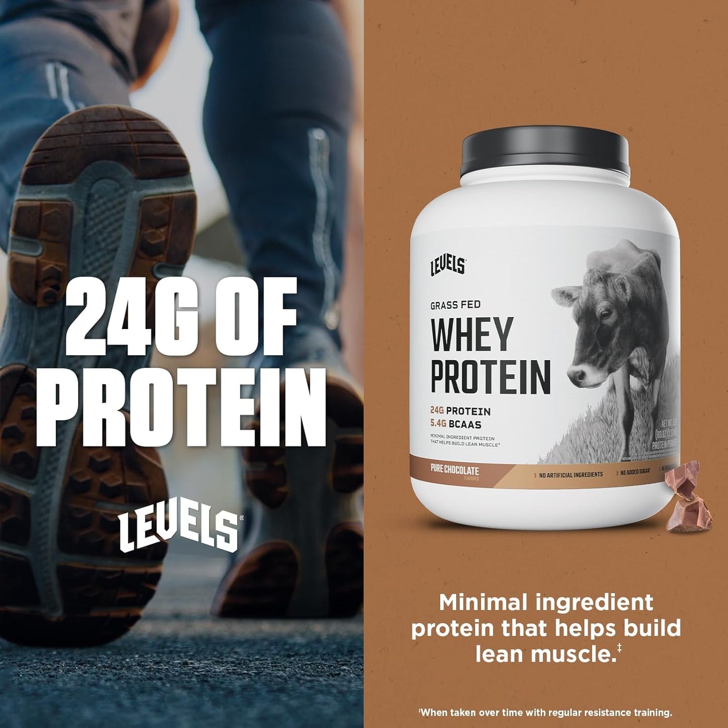 Levels Nutrition Grass Fed Whey Protein Powder - Pure Chocolate Flavor, 5LB - 24G Protein, No Artificial Ingredients