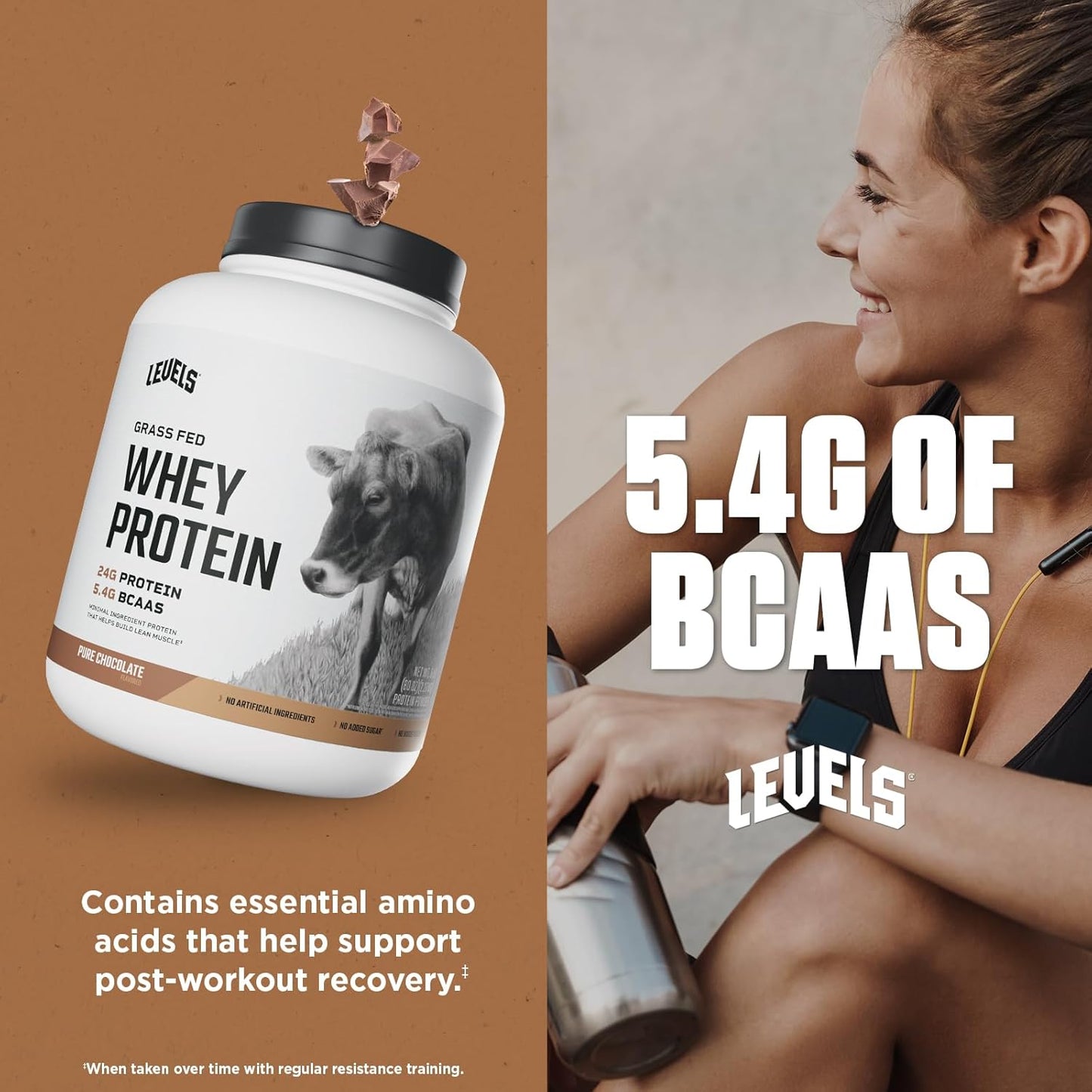 Levels Nutrition Grass Fed Whey Protein Powder - Pure Chocolate Flavor, 5LB - 24G Protein, No Artificial Ingredients