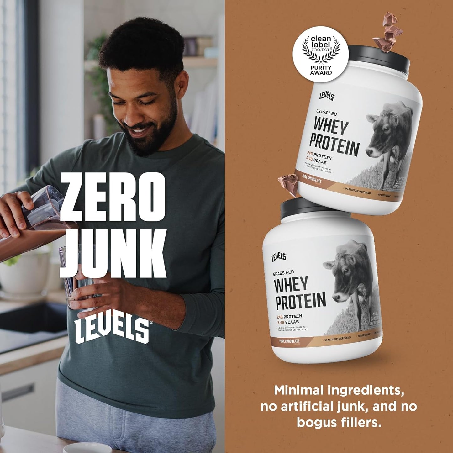 Levels Nutrition Grass Fed Whey Protein Powder - Pure Chocolate Flavor, 5LB - 24G Protein, No Artificial Ingredients