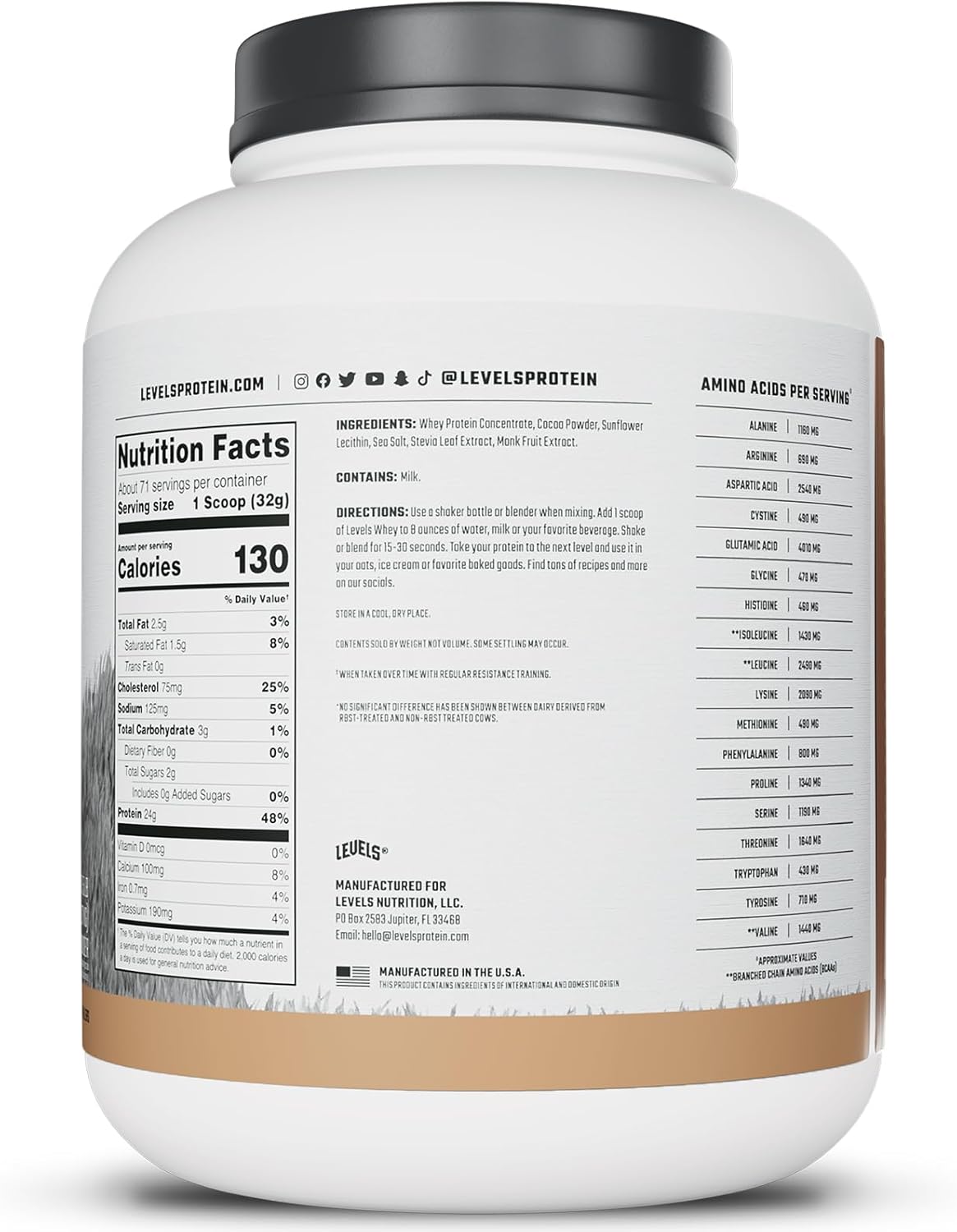 Levels Nutrition Grass Fed Whey Protein Powder - Pure Chocolate Flavor, 5LB - 24G Protein, No Artificial Ingredients