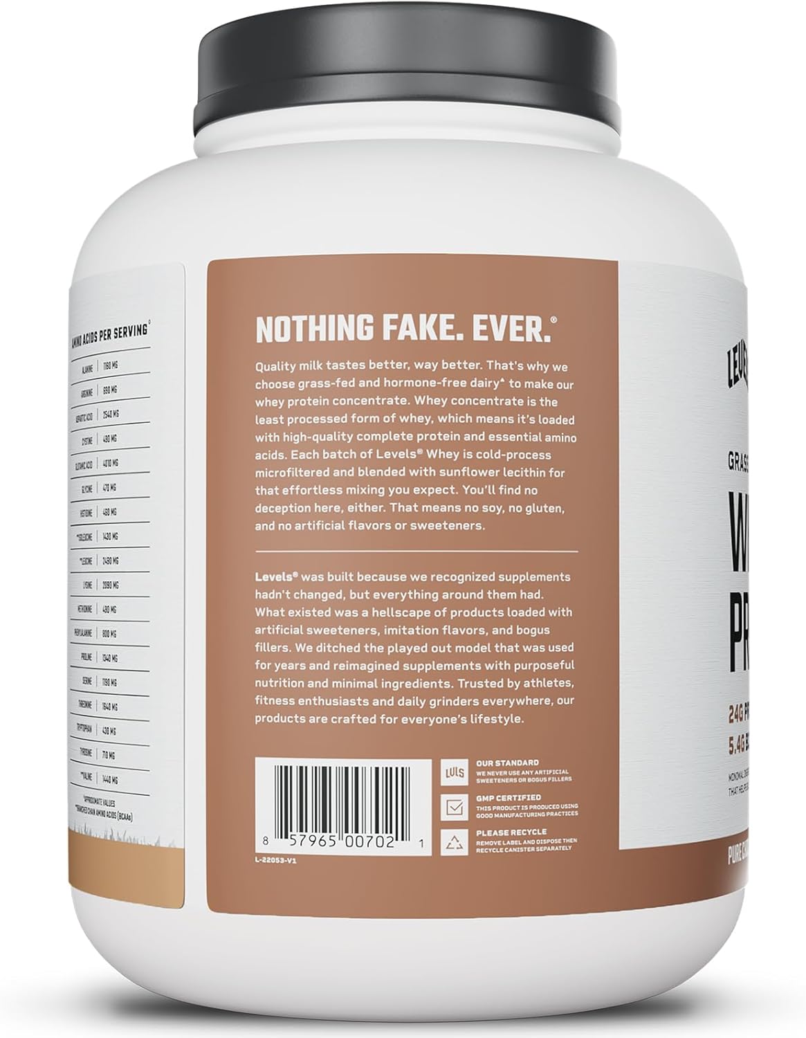 Levels Nutrition Grass Fed Whey Protein Powder - Pure Chocolate Flavor, 5LB - 24G Protein, No Artificial Ingredients