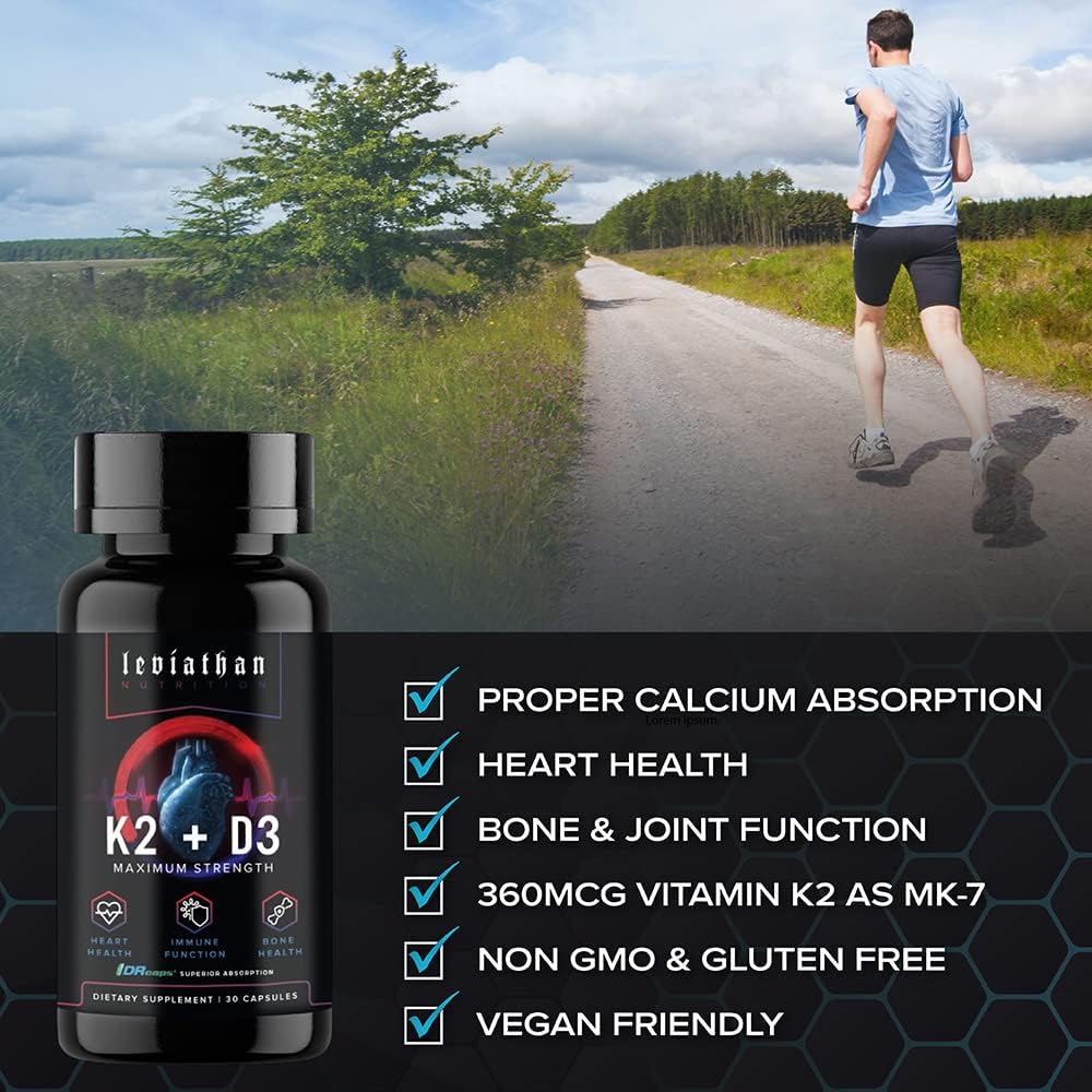 Leviathan Nutrition Vitamin D3 K2 2 in 1 Formula | Vegan Organic Extra Strength Supplements for Heart, Teeth, Joint, and Bone Health - 360mcg Vitamin K2 (MK7) + 5000 IU Vitamin D3