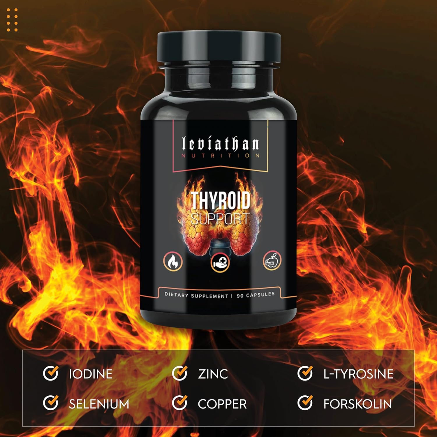 Leviathan Thyroid Support Supplement with Energy Boost - Iodine, Selenium, Zinc, Manganese, Copper, L Tyrosine, Guggul - Men & Women's Health