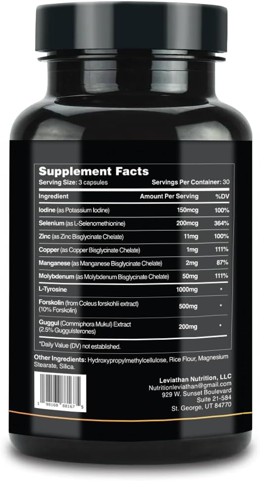 Leviathan Thyroid Support Supplement with Energy Boost - Iodine, Selenium, Zinc, Manganese, Copper, L Tyrosine, Guggul - Men & Women's Health