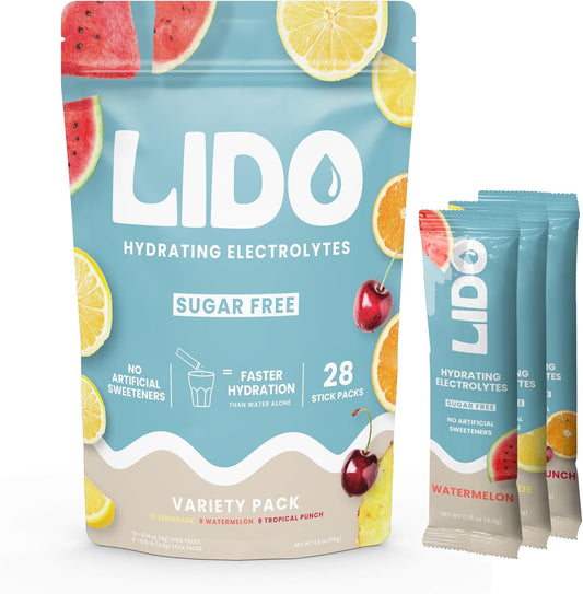 LIDO Electrolyte Powder Packets - Vegan & Paleo Friendly Hydration with No Sugar or Artificial Ingredients - 28 Sticks Variety Pack in Watermelon, Lemonade, Tropical Punch Flavors