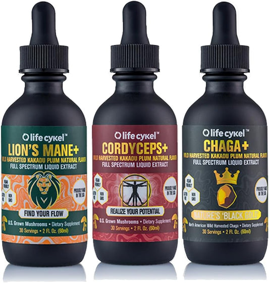 Life Cykel Lifecykel Full-Spectrum Mushroom Extract Pack - Chaga, Lions Mane, Cordyceps - Energy, Mental Clarity, Immune Support - Vegan, Non-GMO - 2Fl/Oz