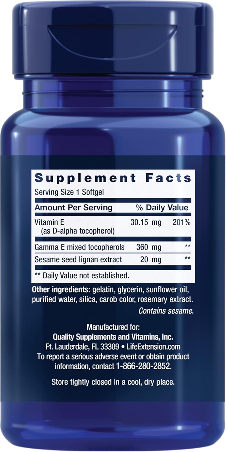 Life Extension Gamma E Mixed Tocopherols Softgels with Sesame Lignans for Healthy Aging, Non-GMO, Gluten-Free - 60 Count