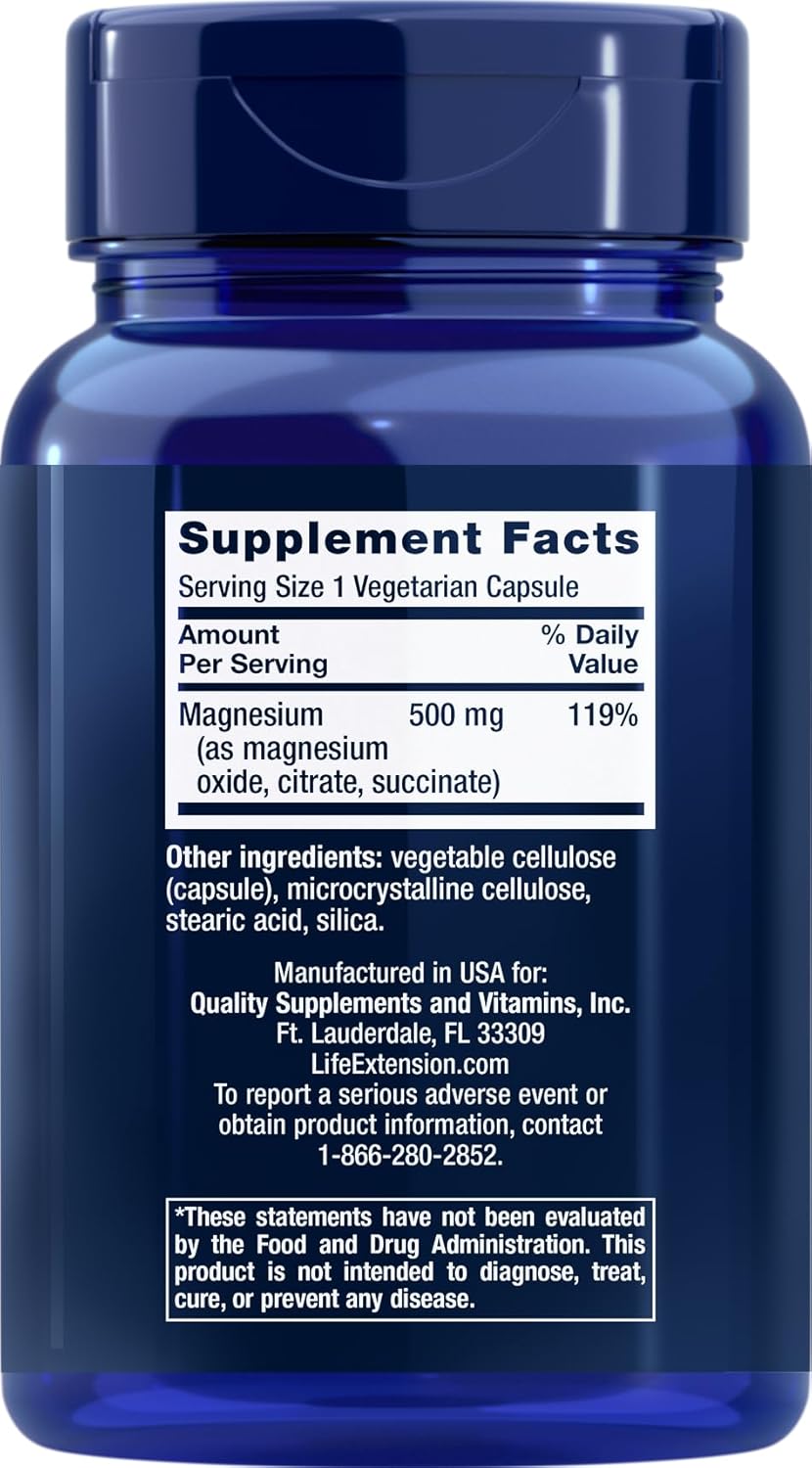 Life Extension Magnesium 500 mg - 100 Vegetarian Capsules, Pack of 3 - High Potency Mineral Supplement