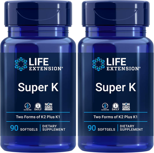 Life Extension Super K Vitamins for Bone, Heart, and Arterial Health - 3-Month Supply of Vitamin K1, K2 mk-7, K2 mk-4, and Vitamin C - Gluten-Free, Non-GMO - 180 Softgels