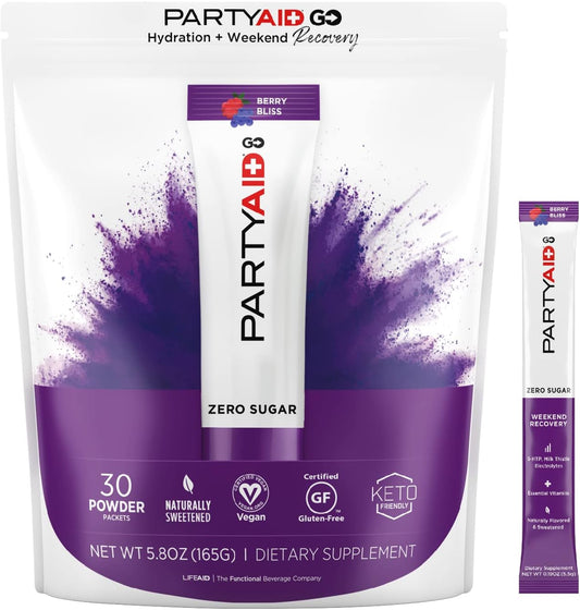 LIFEAID PARTYAID GO Feel Good Supplement with Zero Sugar, 5-HTP, B-Complex, Milk Thistle, Electrolytes - Caffeine-Free, 30 Count Pack