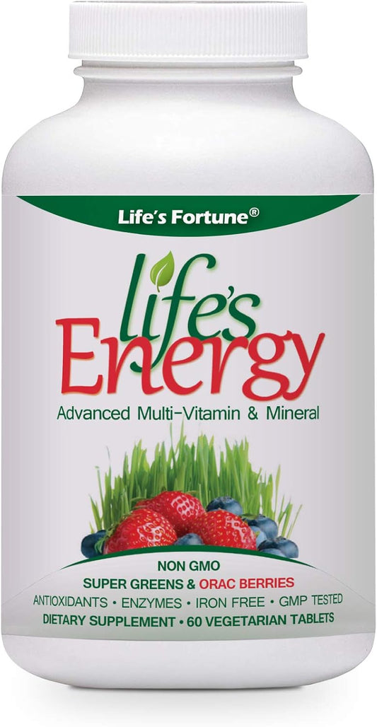 Life's Fortune Advanced Multi-Vitamin and Mineral with Super Greens, ORAC Berries, Antioxidants, and Enzymes - Non-GMO, Iron-Free, GMP Tested - 60 Veggie Tablets