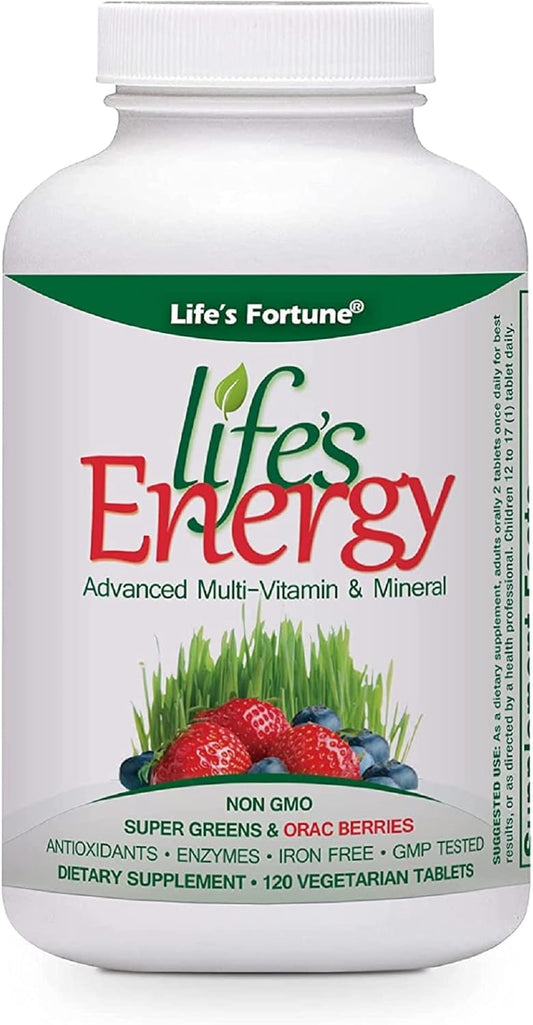 Life's Fortune Energy Boosting Multi-Vitamin with Super Greens, Berries, Antioxidants, Enzymes - Non-GMO, Iron Free - 120 Veggie Tablets