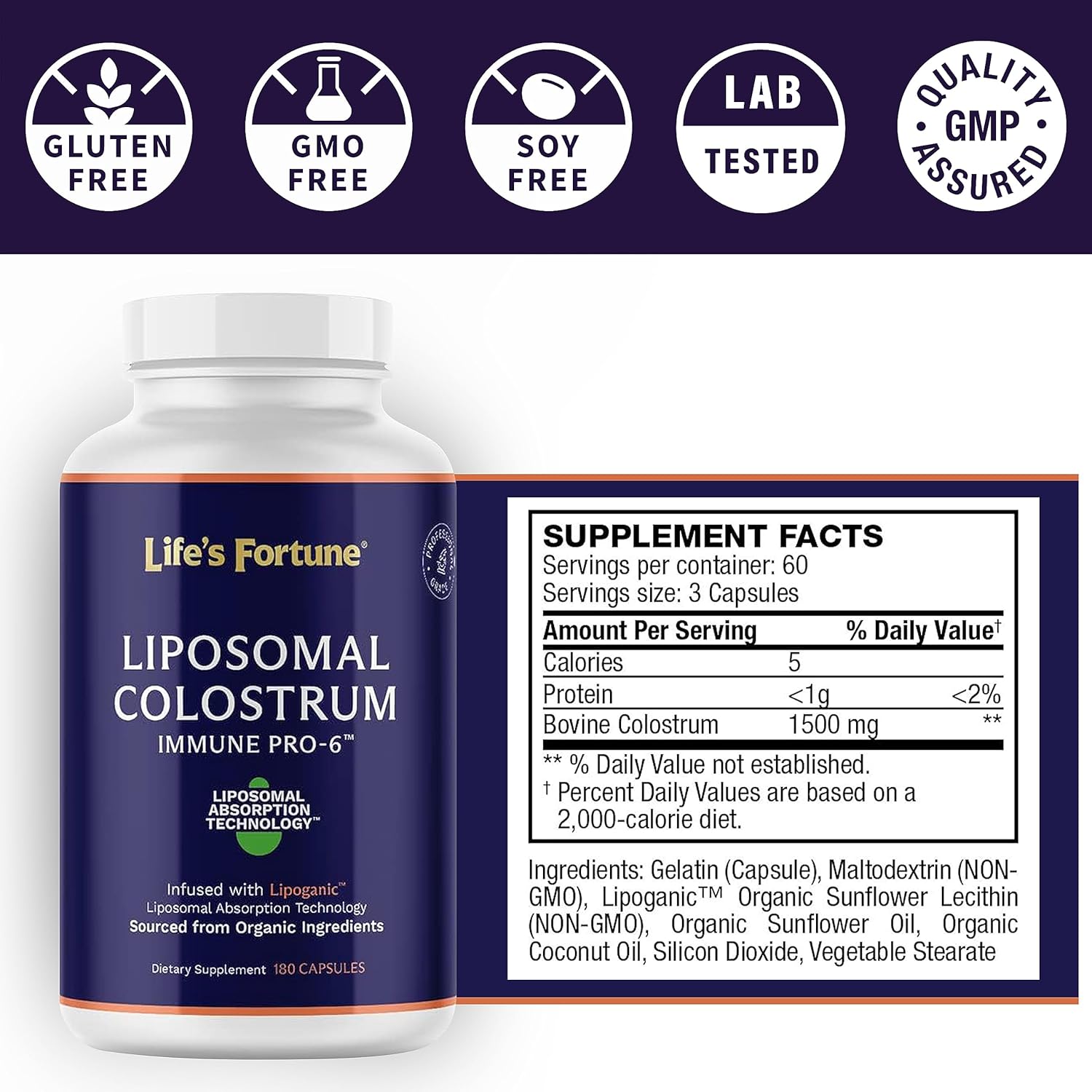 Life's Fortune Immune Pro-6: Certified 6-Hour Colostrum Capsules for Immune System Defense & Balance - 180 Count