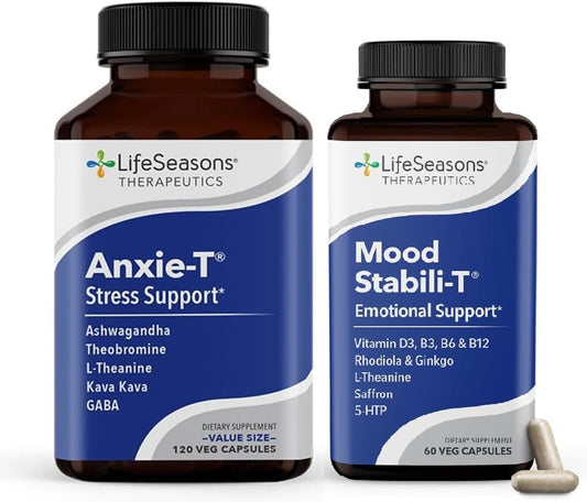 LifeSeasons Anxie-T with Mood Stabili-T - Natural Mood Support Supplement for Relaxation & Mental Clarity - Ashwagandha, Kava Kava, GABA, L-Theanine - 180 Capsules