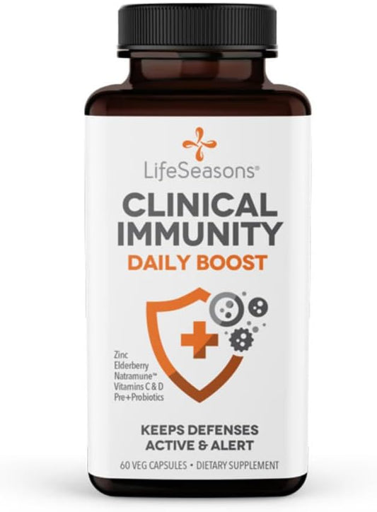 LifeSeasons Clinical Immunity Daily Boost Capsules - Immune System Booster with Pre + Probiotics, Elderberry, Zinc, Natramune, Vitamin C + D3 - Increases Antibodies & Immune Cells - 60 Count