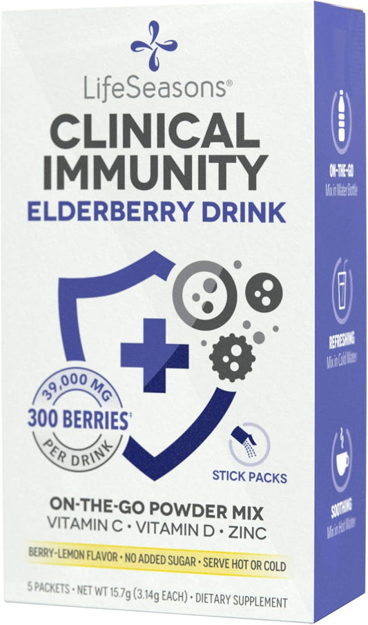 LifeSeasons Clinical Immunity Elderberry Drink Mix - Immunity Booster with Vitamin C, D, and Zinc - 5 Pack - Hot or Cold Serving Option