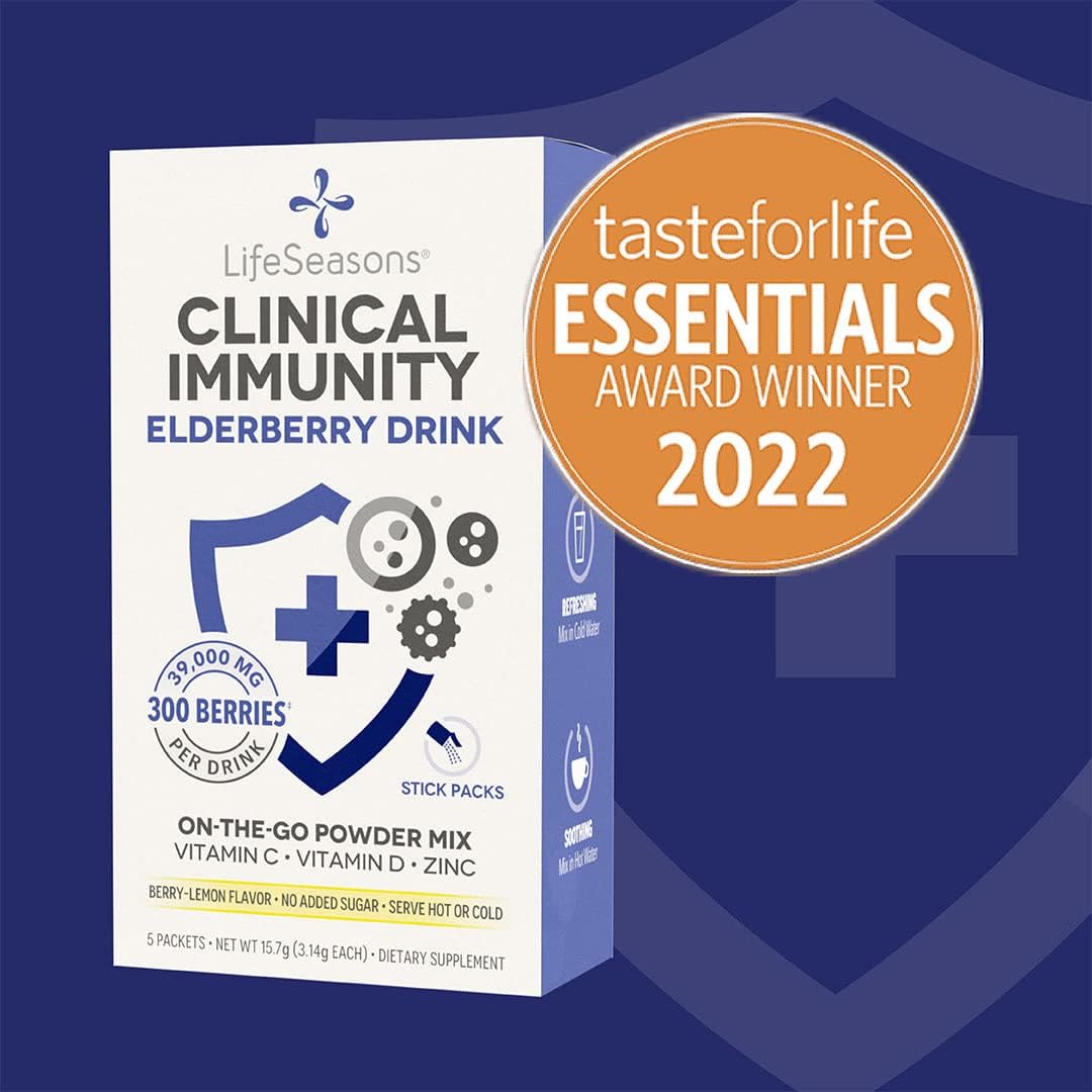 LifeSeasons Clinical Immunity Elderberry Drink Mix - Immunity Booster with Vitamin C, D, and Zinc - 5 Pack - Hot or Cold Serving Option