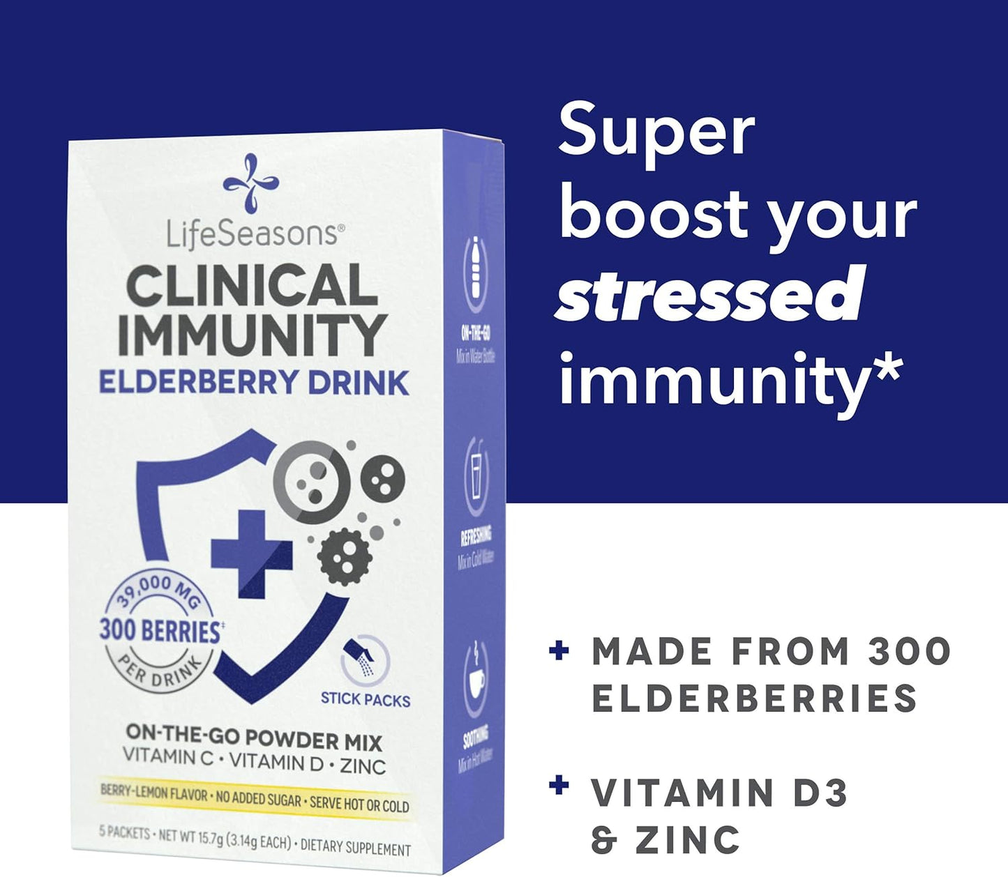 LifeSeasons Clinical Immunity Elderberry Drink Mix - Immunity Booster with Vitamin C, D, and Zinc - 5 Pack - Hot or Cold Serving Option