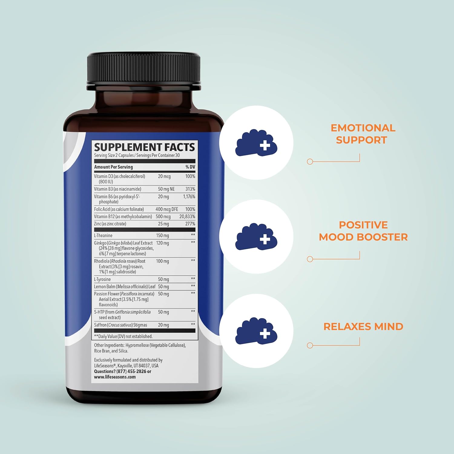 LifeSeasons Mood Stabilizer Supplement - Supports Emotional Balance, Calmness, and Happiness - Stress Relief with Rhodiola, Ginkgo Biloba, and Vitamin D3 - 60 Capsules