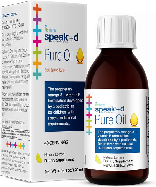 Lifetrients Speak+D Pure Oil - Natural Lemon - 4.05 oz - Pediatrician Formulated for Children with Special Nutritional Needs - Omega-3, Vitamin E, D & K