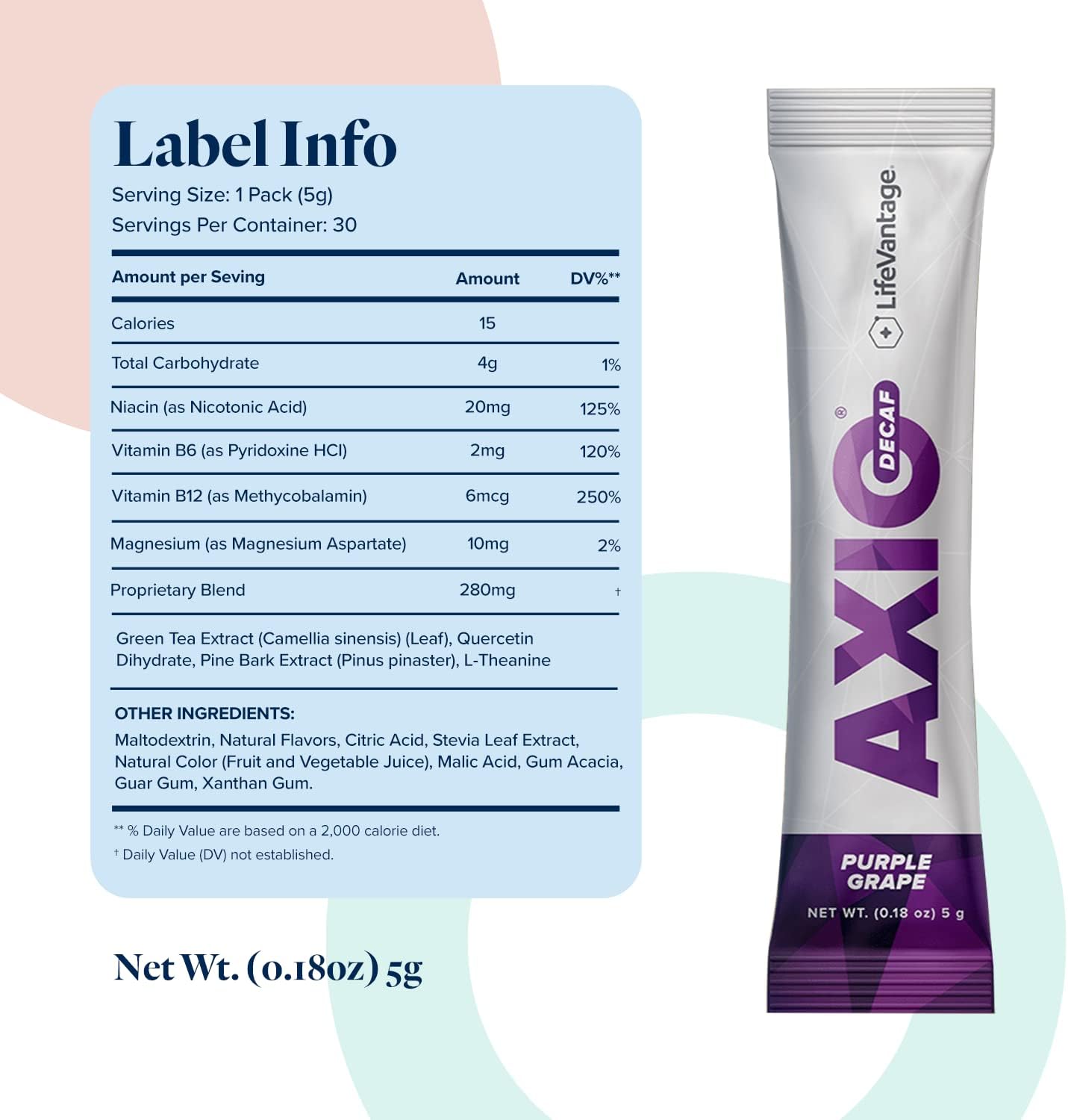 LifeVantage AXIO Purple Grape Energy Drink Powder - 30 Packets with B Vitamins & Green Tea Extract