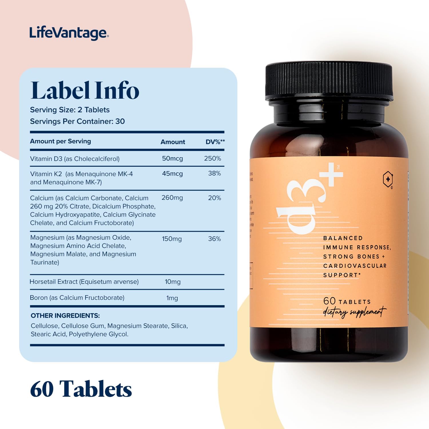 LifeVantage D3+ - Immune Support Supplement with Vitamin K2, Magnesium, and Calcium - 60 Tablets - Non-GMO, Gluten-Free, Vegetarian