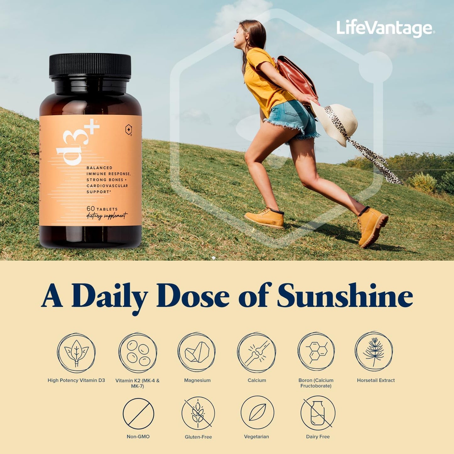 LifeVantage D3+ - Immune Support Supplement with Vitamin K2, Magnesium, and Calcium - 60 Tablets - Non-GMO, Gluten-Free, Vegetarian