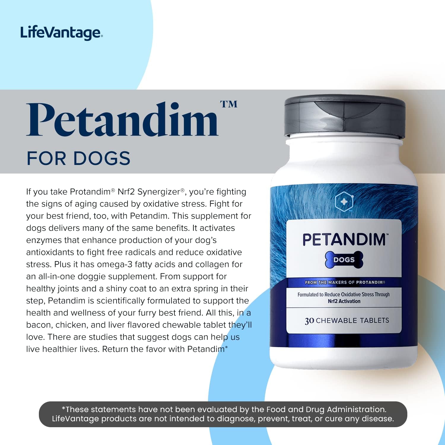 LifeVantage Petandim Dog Vitamins - Chewable Tablets for Joint, Skin, Coat - Bacon, Chicken, Liver Flavored - Reduce Oxidative Stress