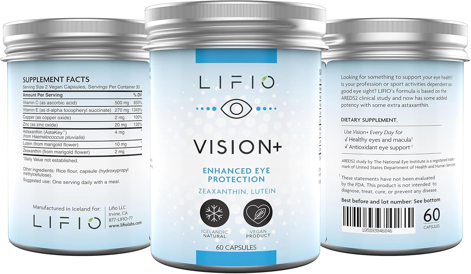 Lifio Vision+ Eye Protection Supplement with Icelandic Astaxanthin, Zeaxanthin, Lutein - Vegan, 60 Capsules