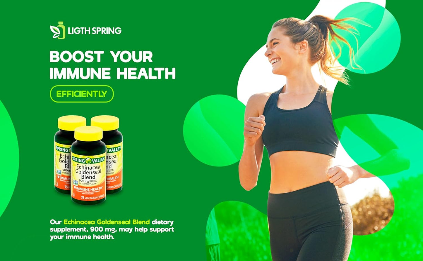 LightSpring Echinacea Goldenseal Blend Dietary Supplement 900mg 75 Ct Bundle with Exclusive A to Z Vitamins & Minerals - Complete Light&Spring Guide (3 Items)