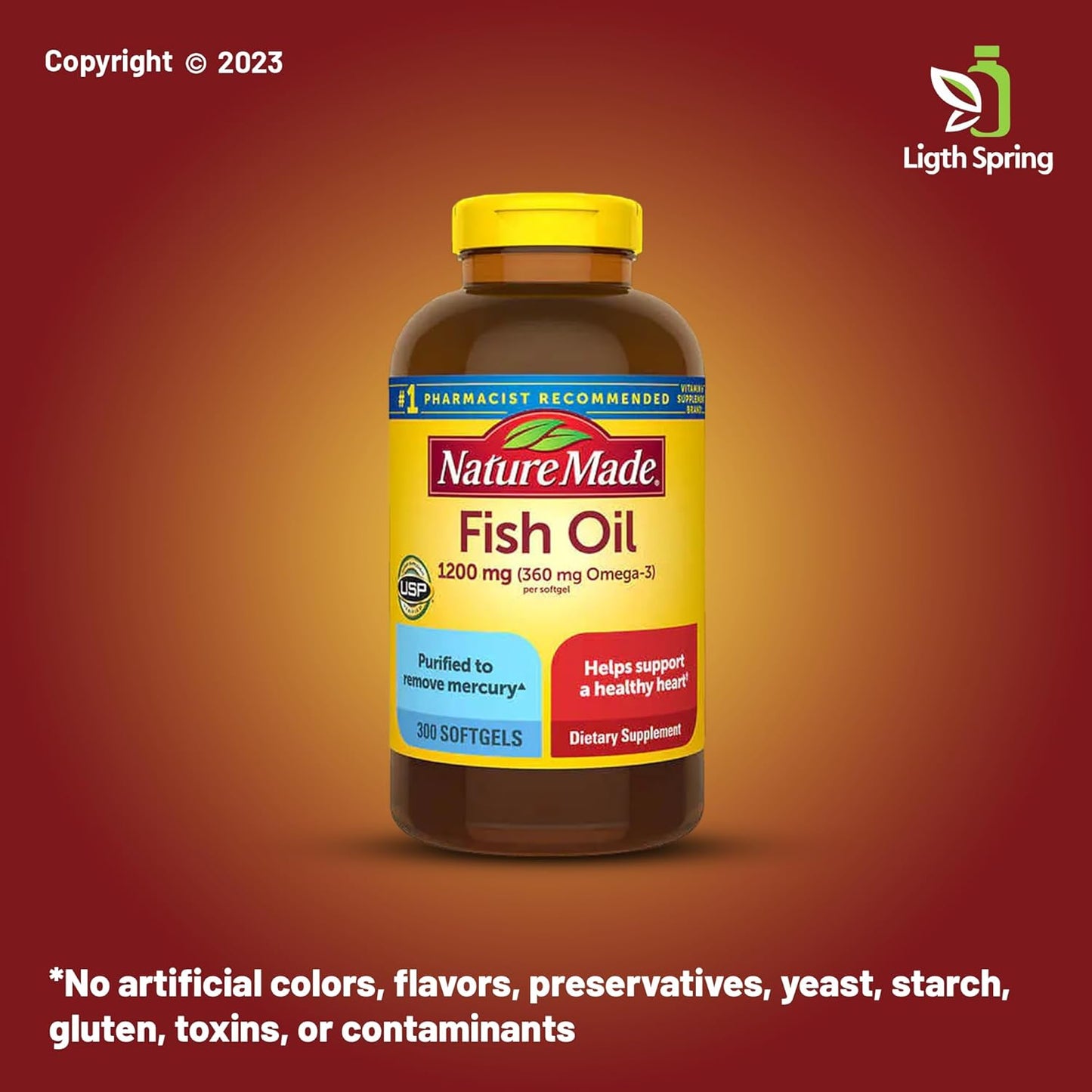 LightSpring Nature Fish Oil Softgels - 1200 mg Omega 3 Supplements for Heart Health, 300 Softgels, 150 Day Supply with A to Z Guide