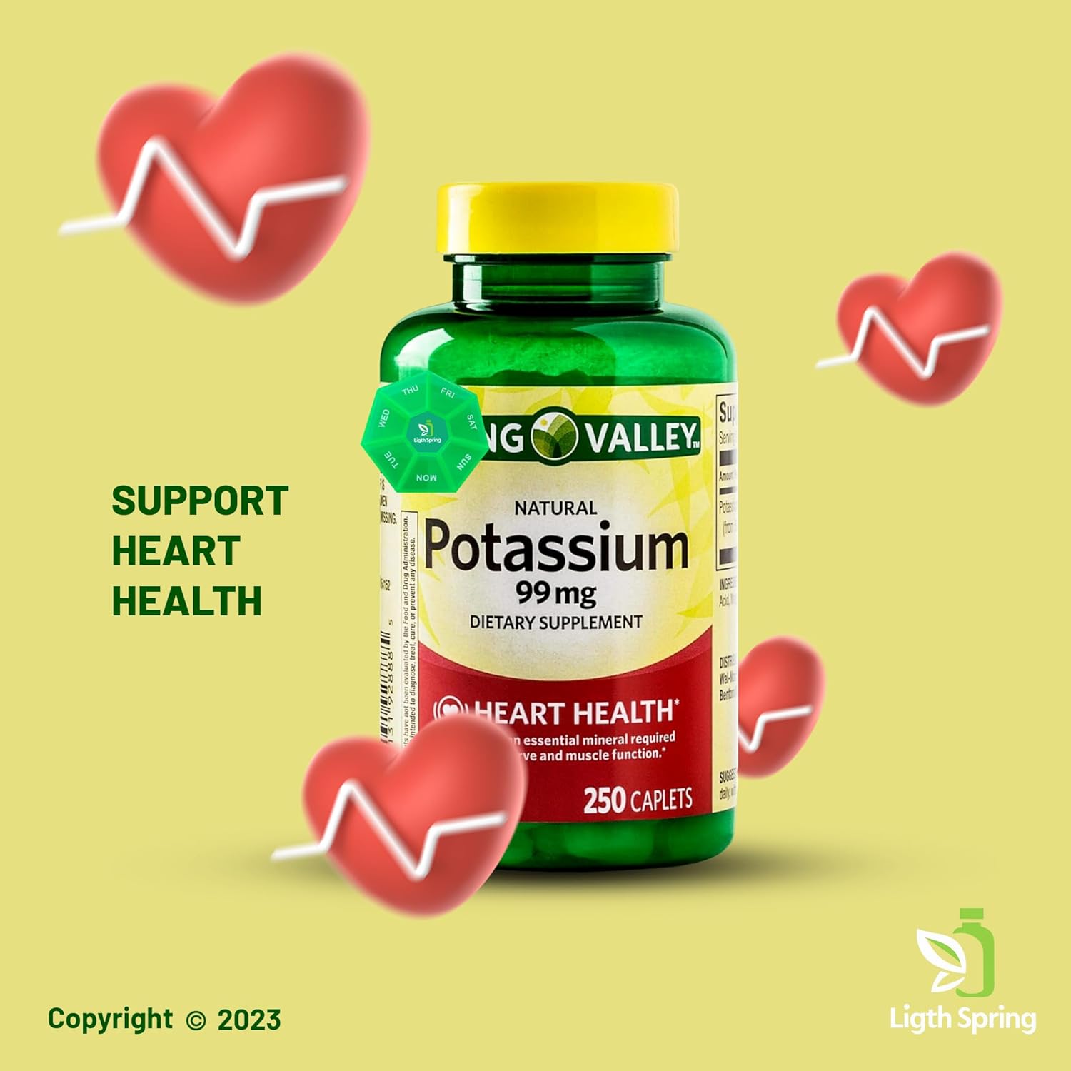 LightSpring Potassium 99 mg, 250 Caplets Bundle with A to Z Vitamins & Minerals + Pill Organizer